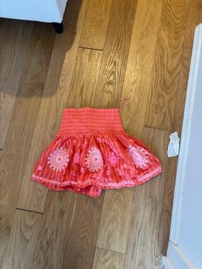 Ramy Brook Coral-Red Smocked Mini Skirt with Metallic Thread